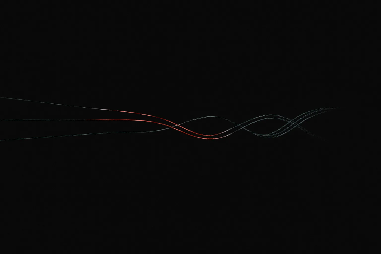 Four thin luminous particle streams weaving into a single braid on a near-black background, one stream coral-red