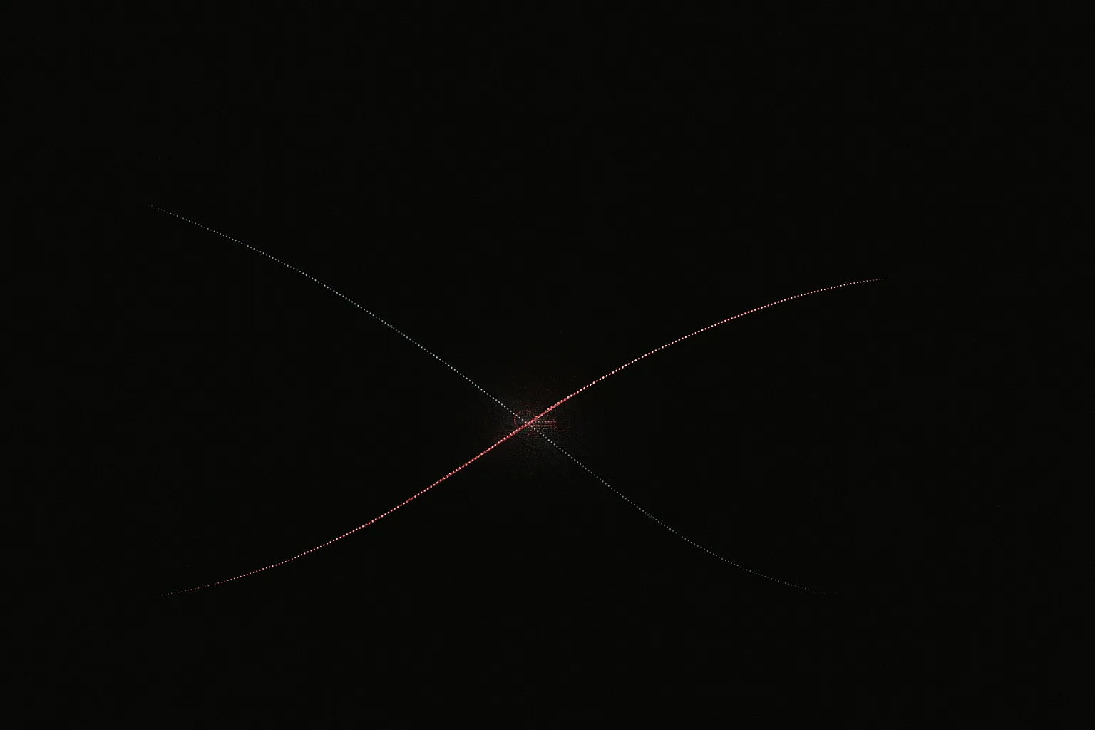 Two particle streams crossing on a dark field, interference where they overlap, a small tangle at the crossing point