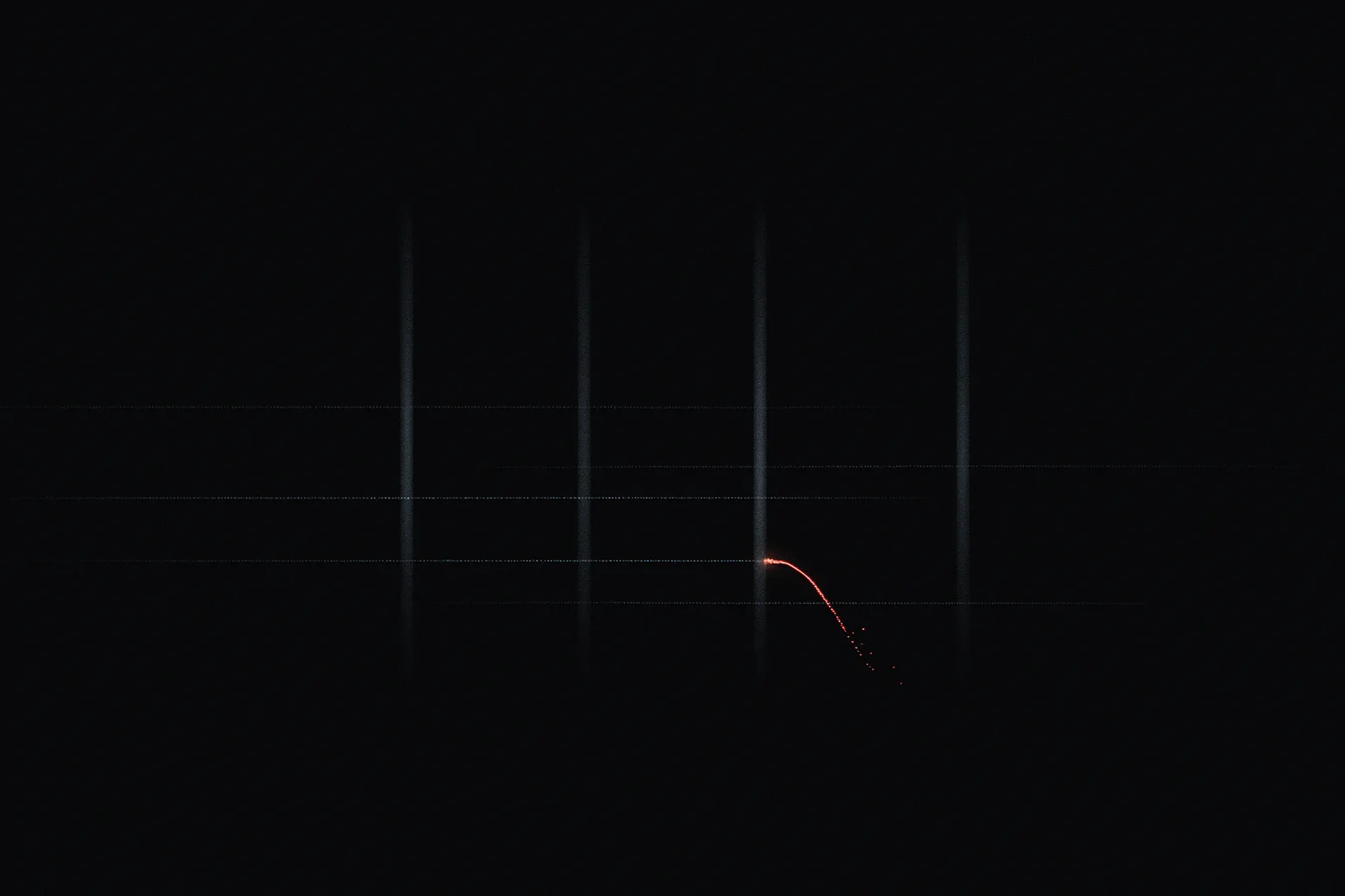 A row of thin luminous checkpoints on a dark field with particle trails passing through, one trail stopped at a gate