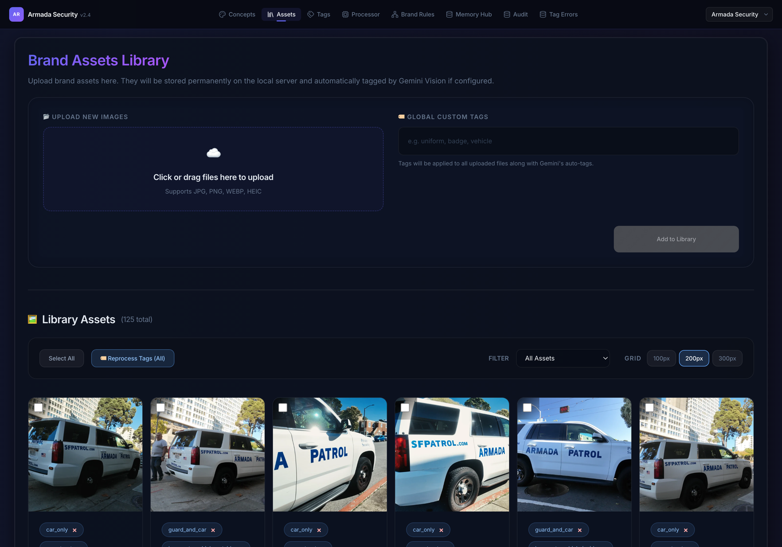 The Brand Assets Library: an upload zone with global custom tags, and a grid of 125 real Armada/SFPATROL vehicle and uniform photos, each auto-tagged by Gemini Vision with labels like car_only and guard_and_car.
