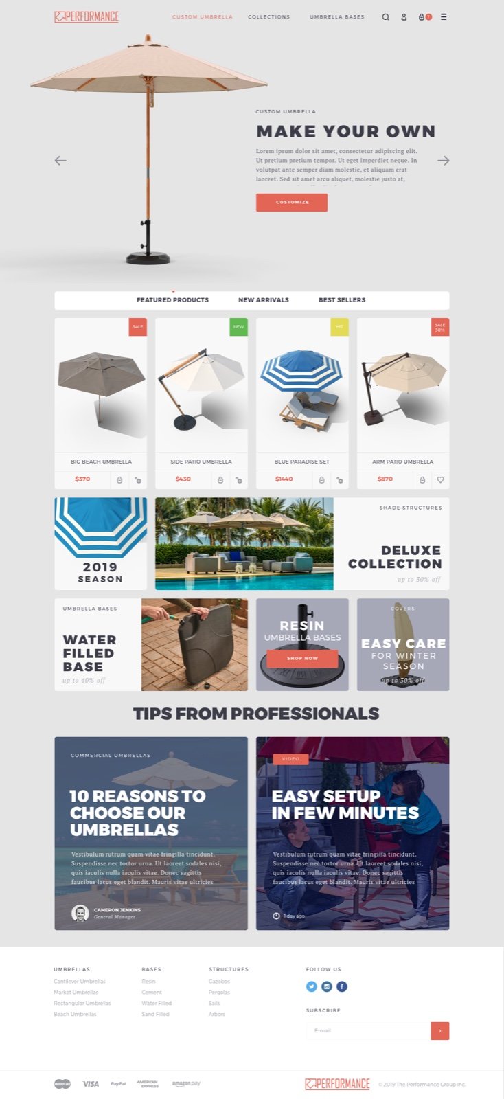 The Performance DTC homepage that shipped in early 2019 — Make Your Own hero, featured products, collections, professional tips