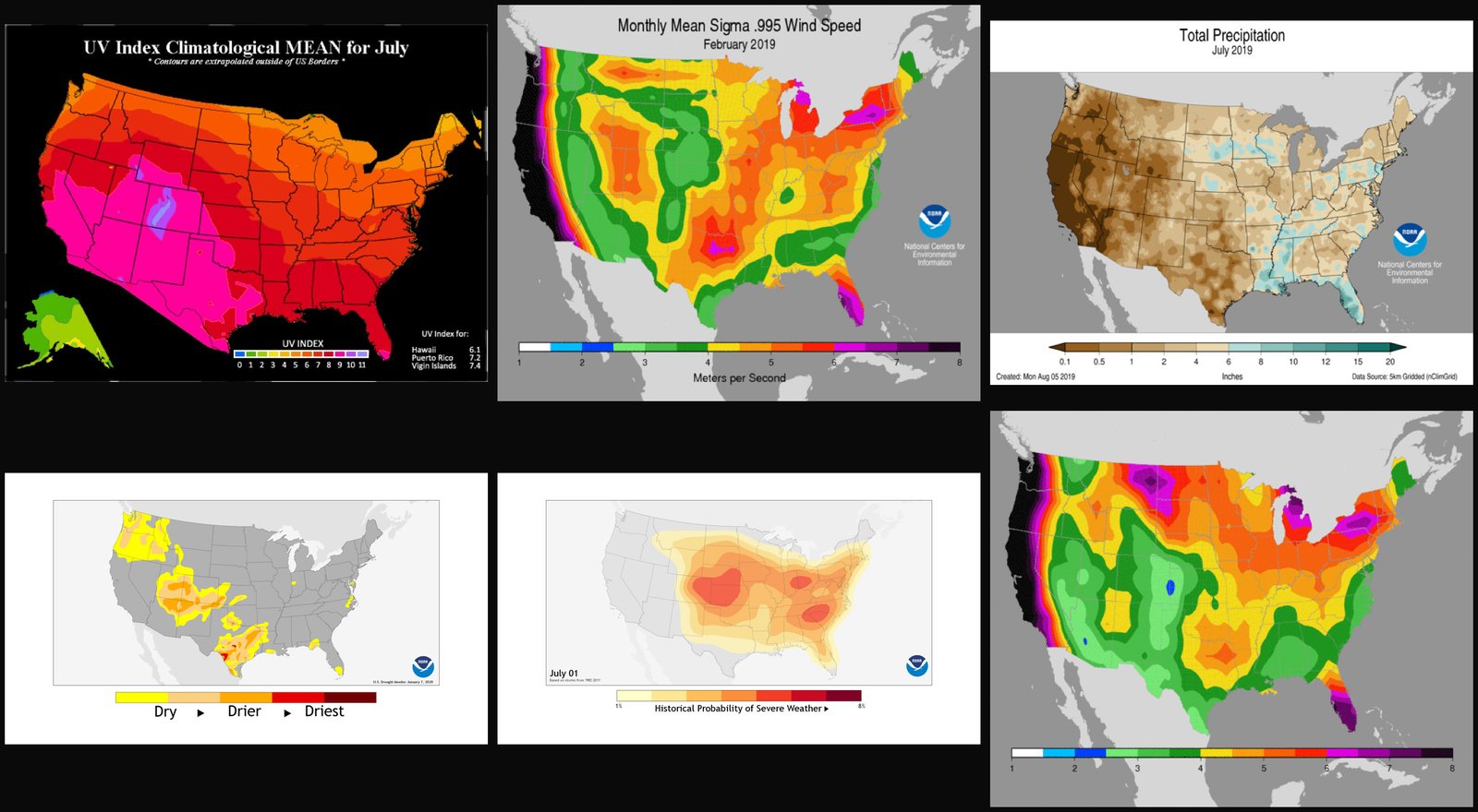 Six weather dimensions — UV index, wind speed, precipitation, drought, severe-weather probability, average wind — mapped across the US, the basis for the per-ZIP climate profile